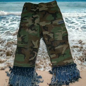 VTG Woman's Camo Pants Altered Denim Fringe Size 8 Cowboy Girl Rerides